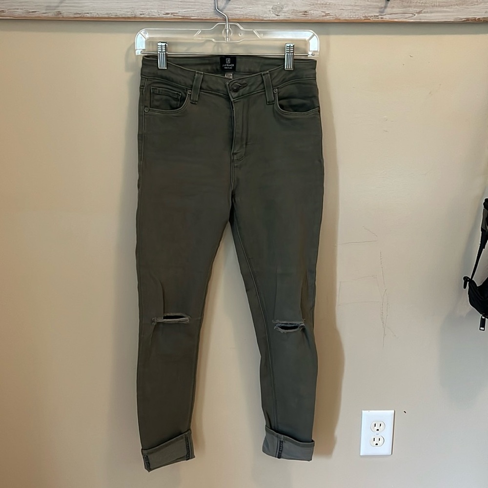 Olive green Just Black skinny jeans, holes in knees. Like new.